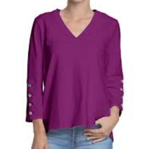 Hinson Wu Christy 3/4 Sleeve Tailored Knit VNeck Tee Shirt Boysenberry Sz S NWT - Picture 1 of 13